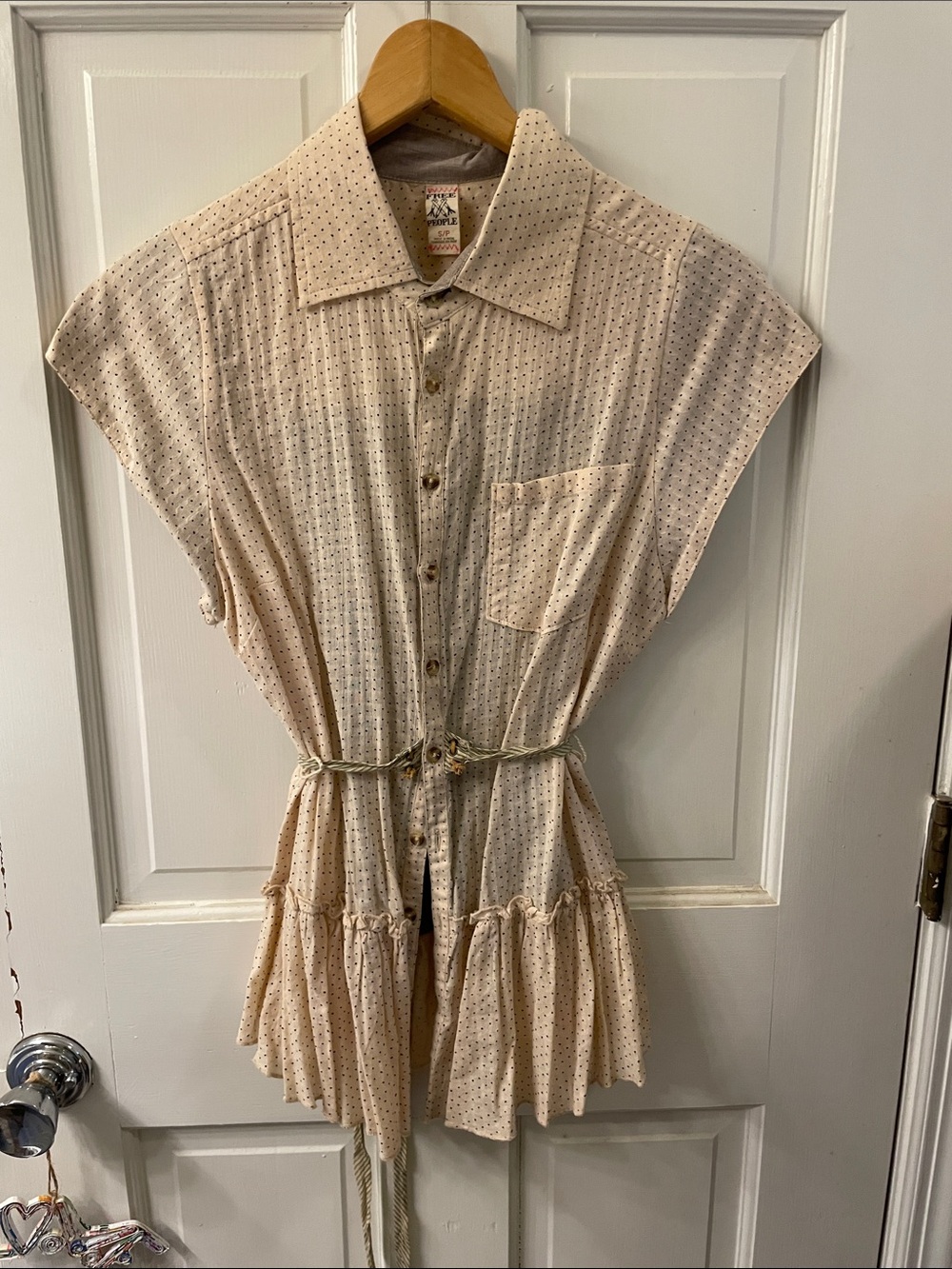 Free People Cream Polka Dot Tie-Waist Mini Dress
